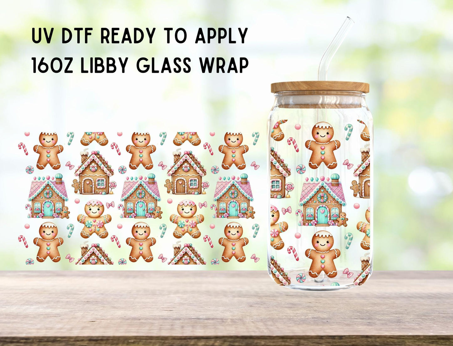 UV DTF Gingerbread House Christmas 16oz Ready To Apply Libby Glass Wrap, Glass Cup Can Wraps