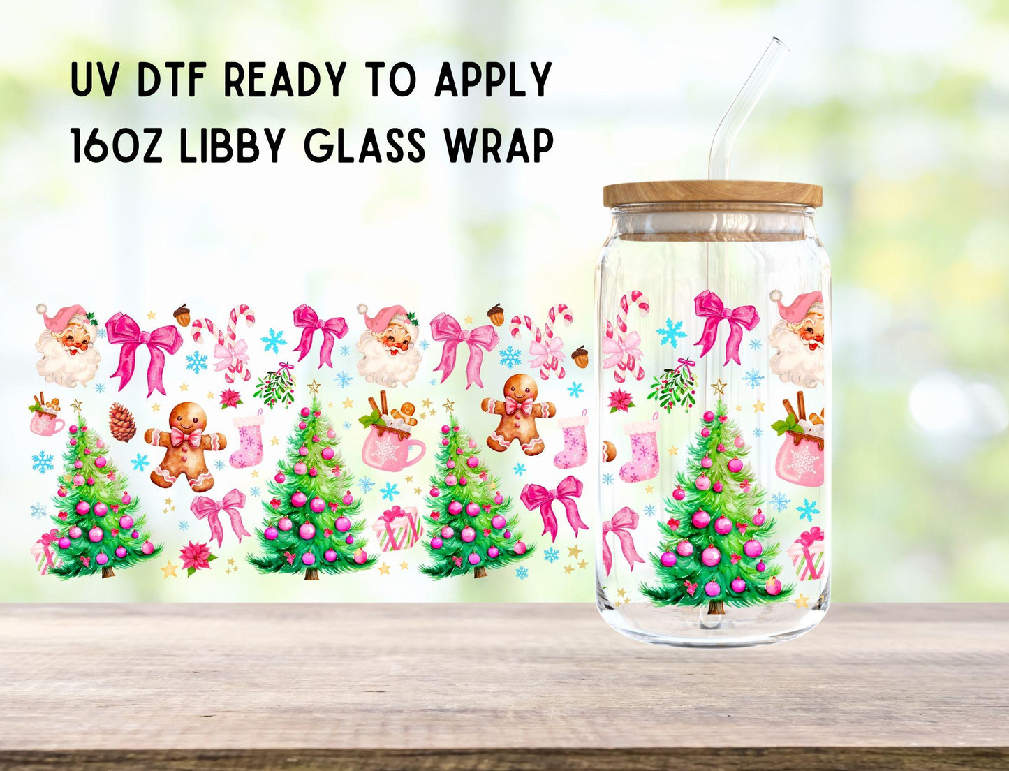 UV DTF Pink Christmas 16oz Ready To Apply Libby Glass Wrap, Glass Cup Can Wraps