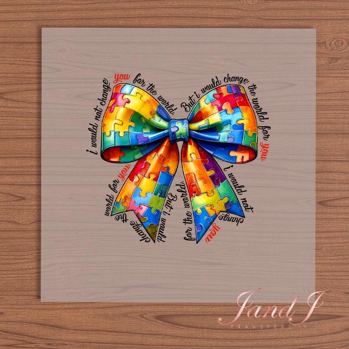 Autism Awareness Bow DTF Transfers Ready To Press, Direct To Film Transfer ,DTF Prints