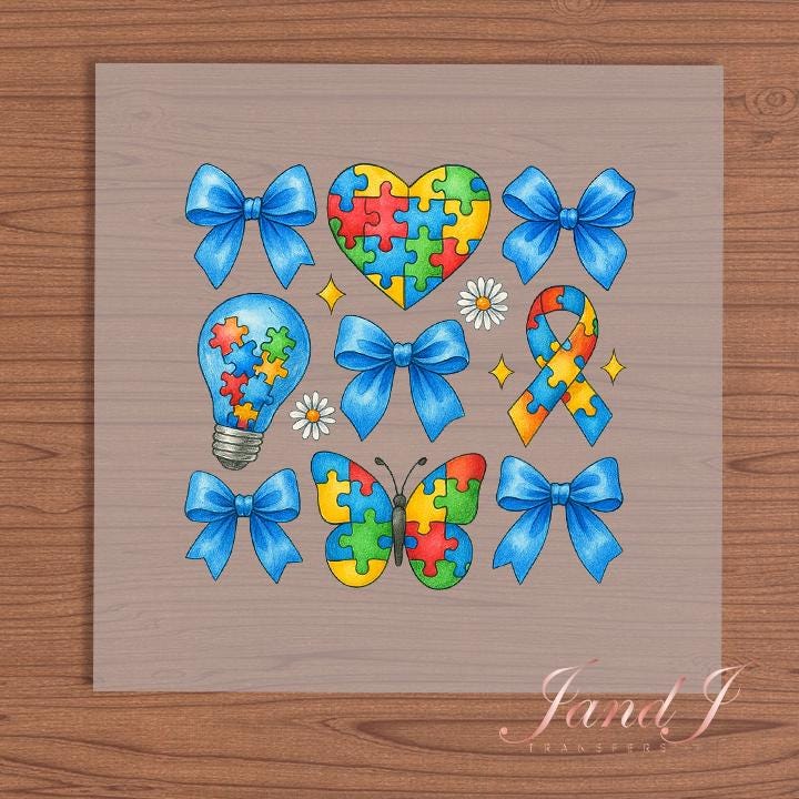 Autism Awareness Coquette Bow DTF Transfers Ready To Press, Direct To Film Transfer ,DTF Prints