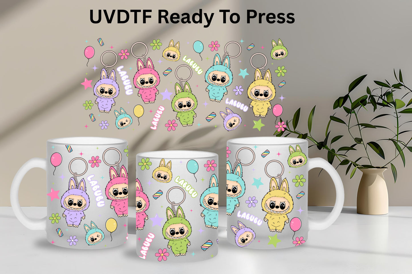 UV DTF Cute Monsters 15oz Mug Ready To Apply Libby Wrap, Glass Mug Wraps