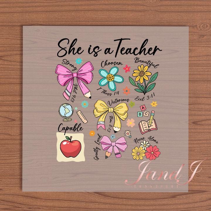 She Is Teacher Pencil Bow DTF- DTF Transfers Ready To Press, Direct To Film Transfer ,DTF Prints