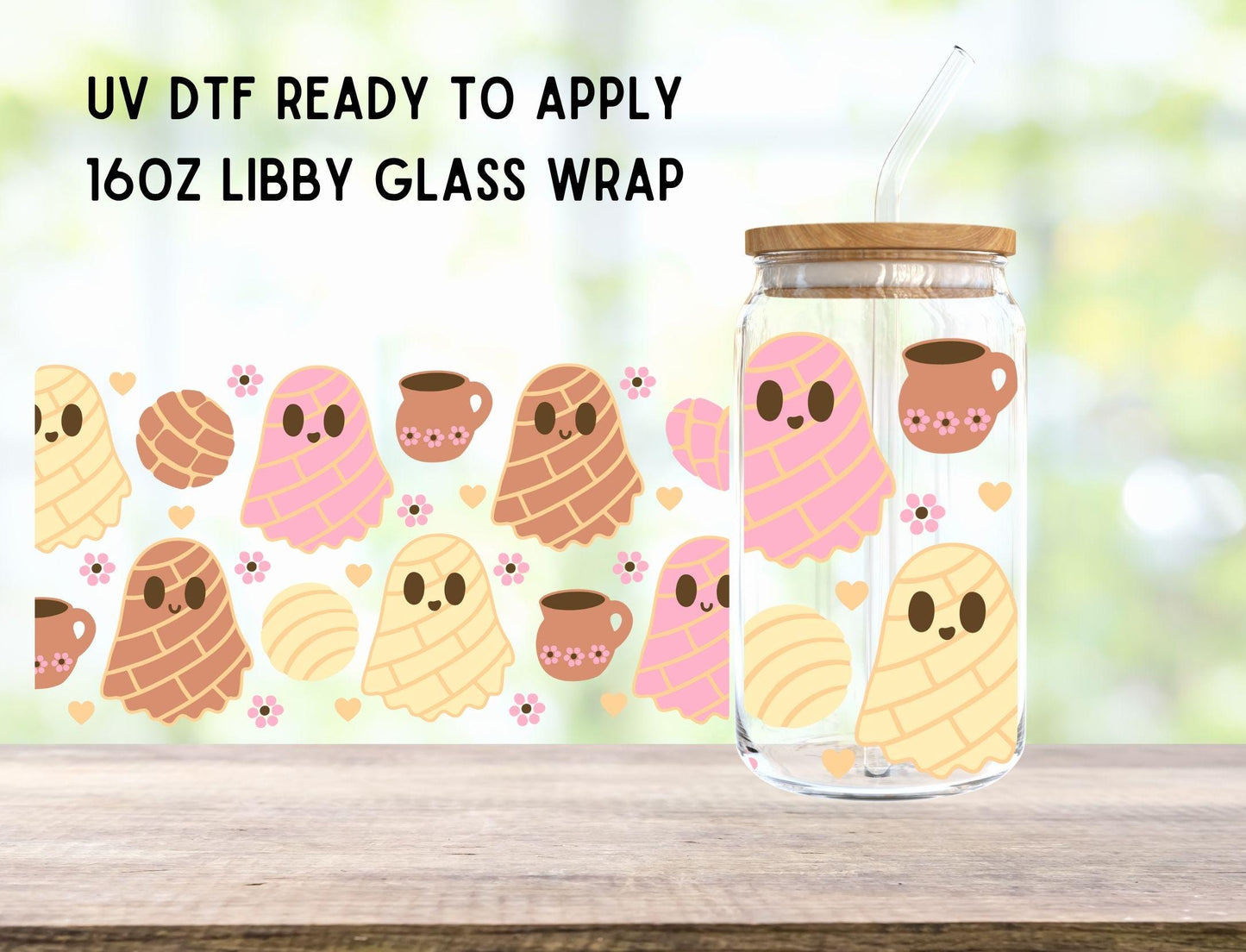 UV DTF Concha Ghost 16oz Ready To Apply Libby Glass Wrap, Glass Cup Can Wraps