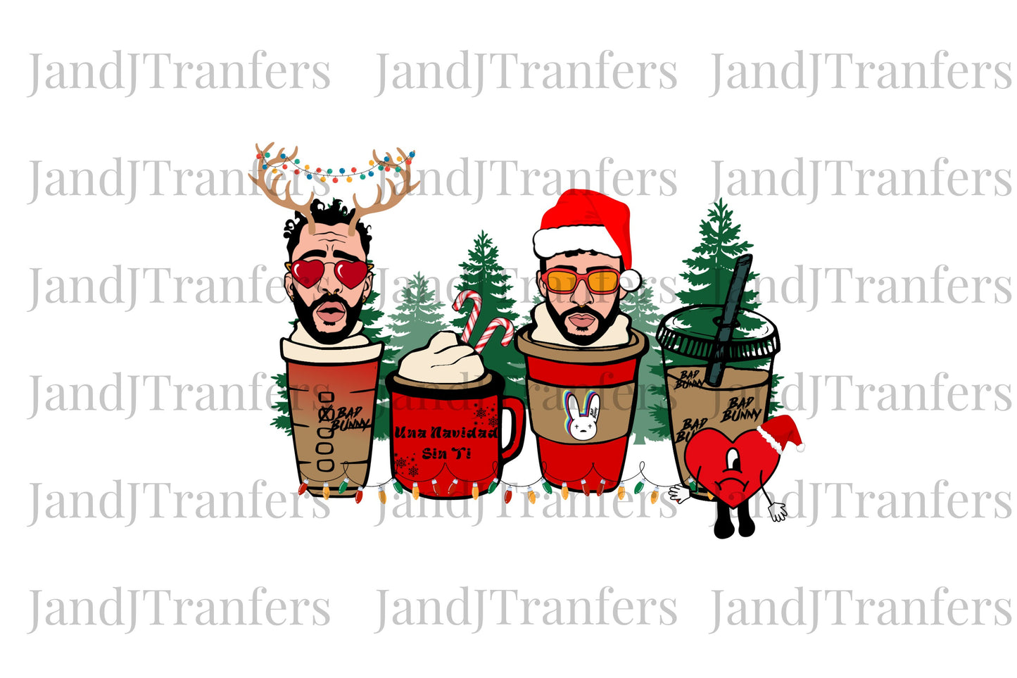 Bad Bunny Christmas latte coffee DTF Transfers Ready To Press, Direct To Film Transfer ,DTF Prints