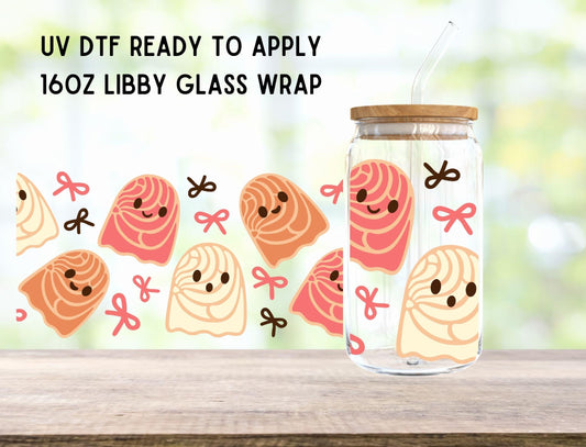 UV DTF Concha Ghost Bow 16oz Ready To Apply Libby Glass Wrap, Glass Cup Can Wraps