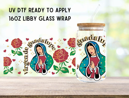 UV DTF Virgin Mary, Guadalupe 16oz Ready To Apply Libby Glass Wrap, Glass Cup Can Wraps