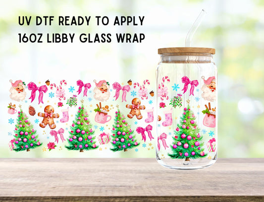 UV DTF Pink Christmas 16oz Ready To Apply Libby Glass Wrap, Glass Cup Can Wraps