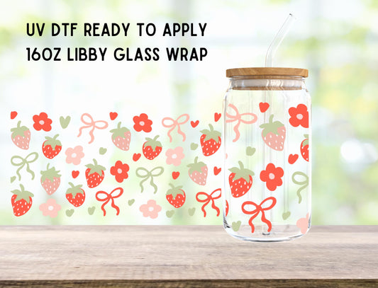 UV DTF Strawberry Ribbon 16oz Ready To Apply Libby Glass Wrap, Glass Cup Can Wraps