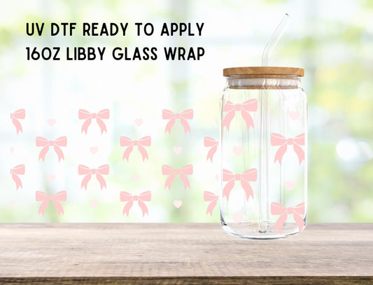 UV DTF Bow Hearts 16oz Ready To Apply Libby Glass Wrap, Glass Cup Can Wraps