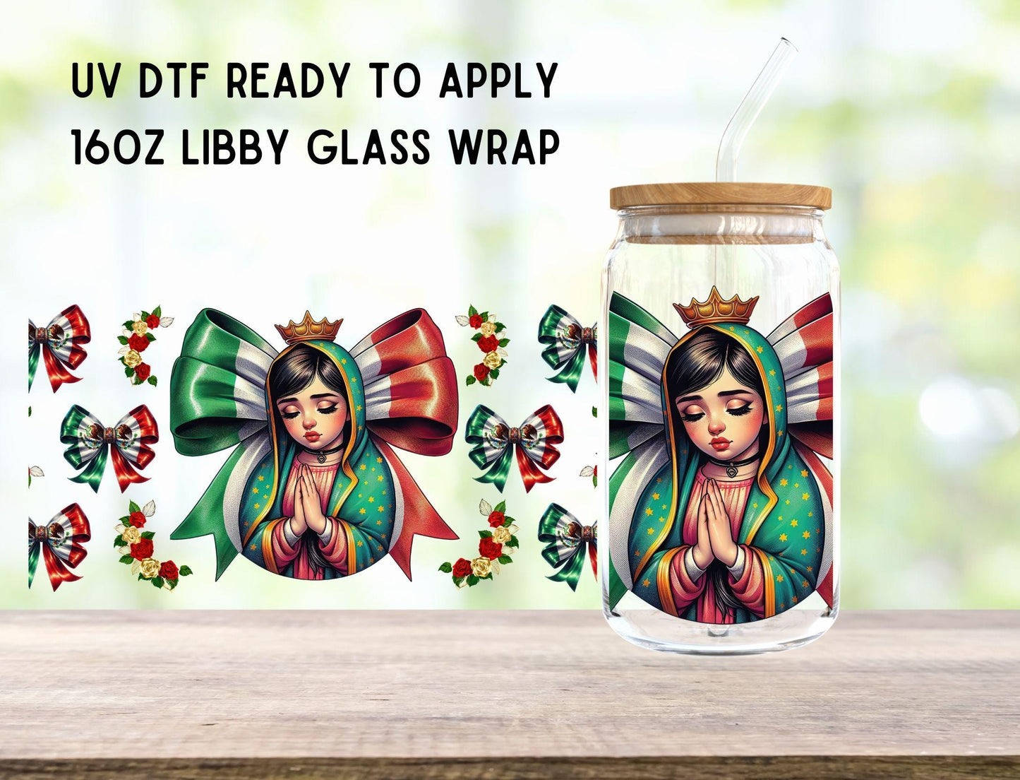 UV DTF Mexican Bow Virgin Mary 16oz Ready To Apply Libby Glass Wrap, Glass Cup Can Wraps