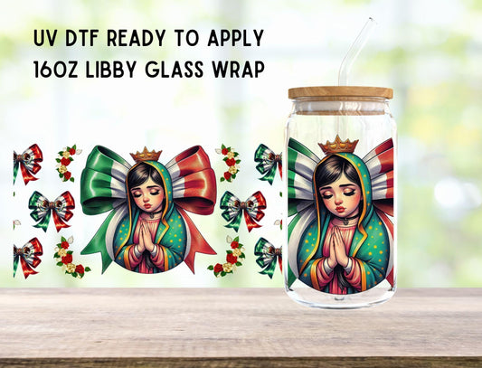 UV DTF Mexican Bow Virgin Mary 16oz Ready To Apply Libby Glass Wrap, Glass Cup Can Wraps