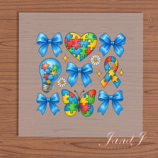 Autism Awareness Coquette Bow DTF Transfers Ready To Press, Direct To Film Transfer ,DTF Prints