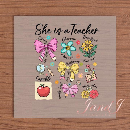 She Is Teacher Pencil Bow DTF- DTF Transfers Ready To Press, Direct To Film Transfer ,DTF Prints