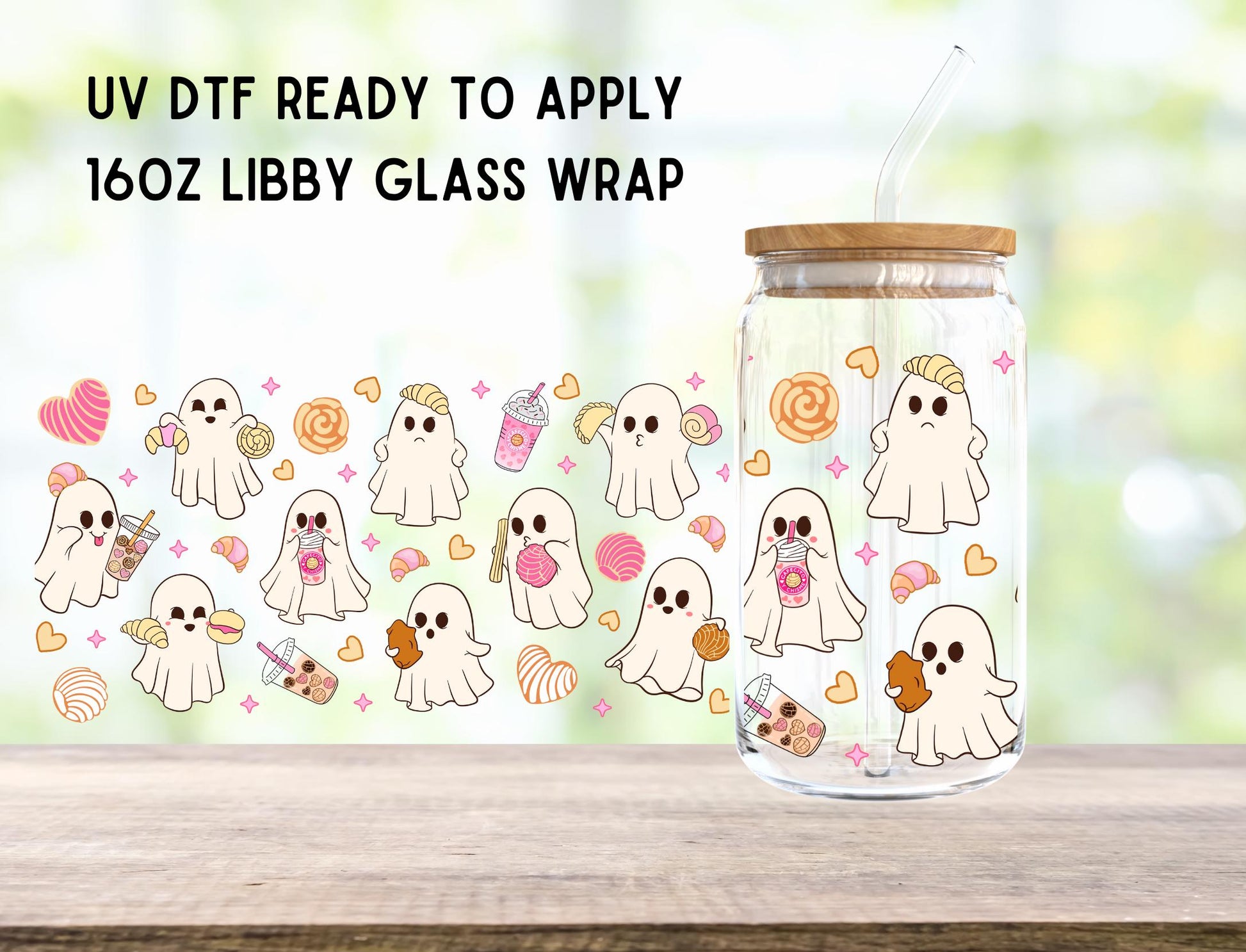 UV DTF Concha Ghost 16oz Ready To Apply Libby Glass Wrap, Glass Cup Can Wraps