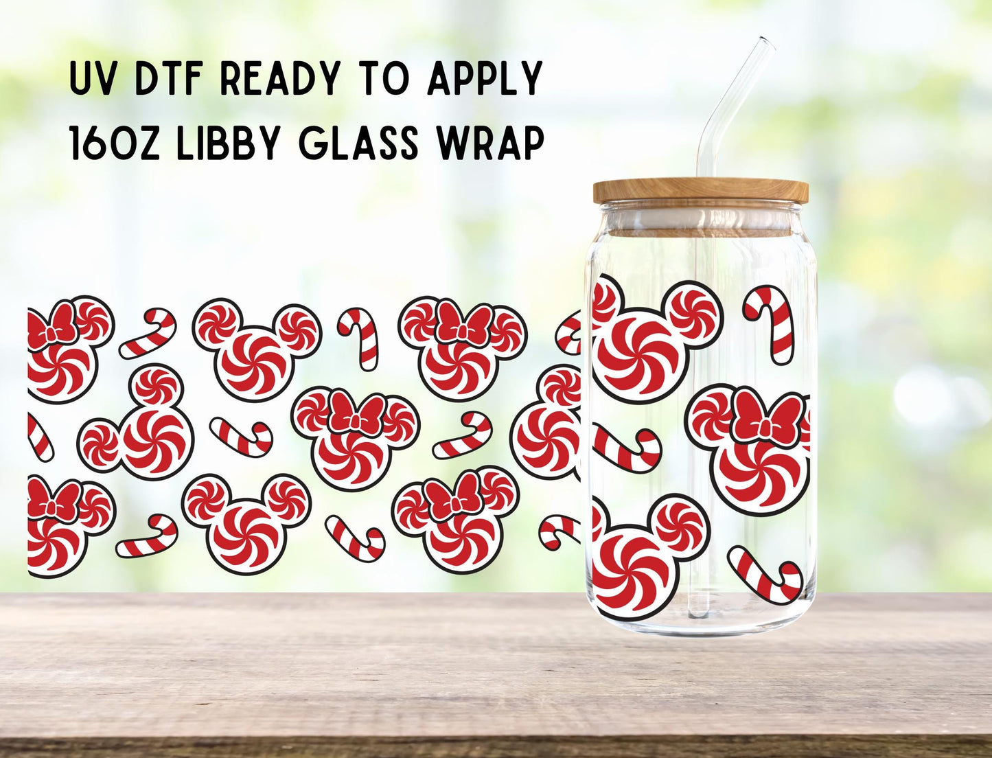 UV DTF Candy Cane Mouse 16oz Ready To Apply Libby Glass Wrap, Glass Cup Can Wraps